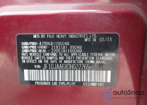 2013 Subaru Impreza 2.0I z USA, uszkodzony, nr VIN JF1GJAA6XDH022265